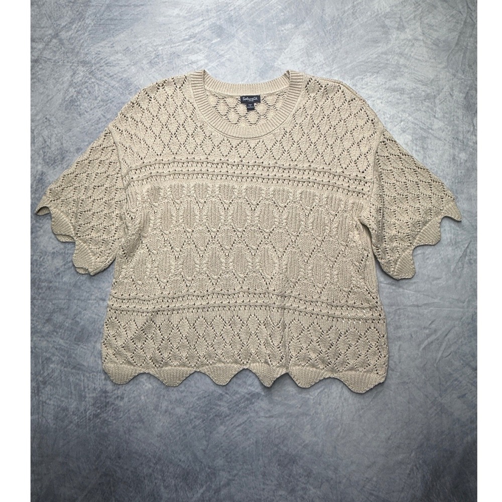Splendid Tan Open Knit Short Sleeve Sweater Top womens sz L cottage shabby boho - Picture 1 of 8